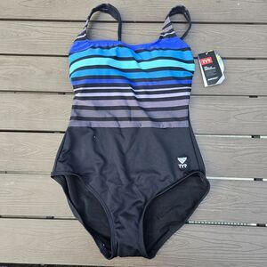 TYR  Women's Ombre Straight Neck Controlfit Blue/Black 1 Piece Swimsuit Sz 8 New